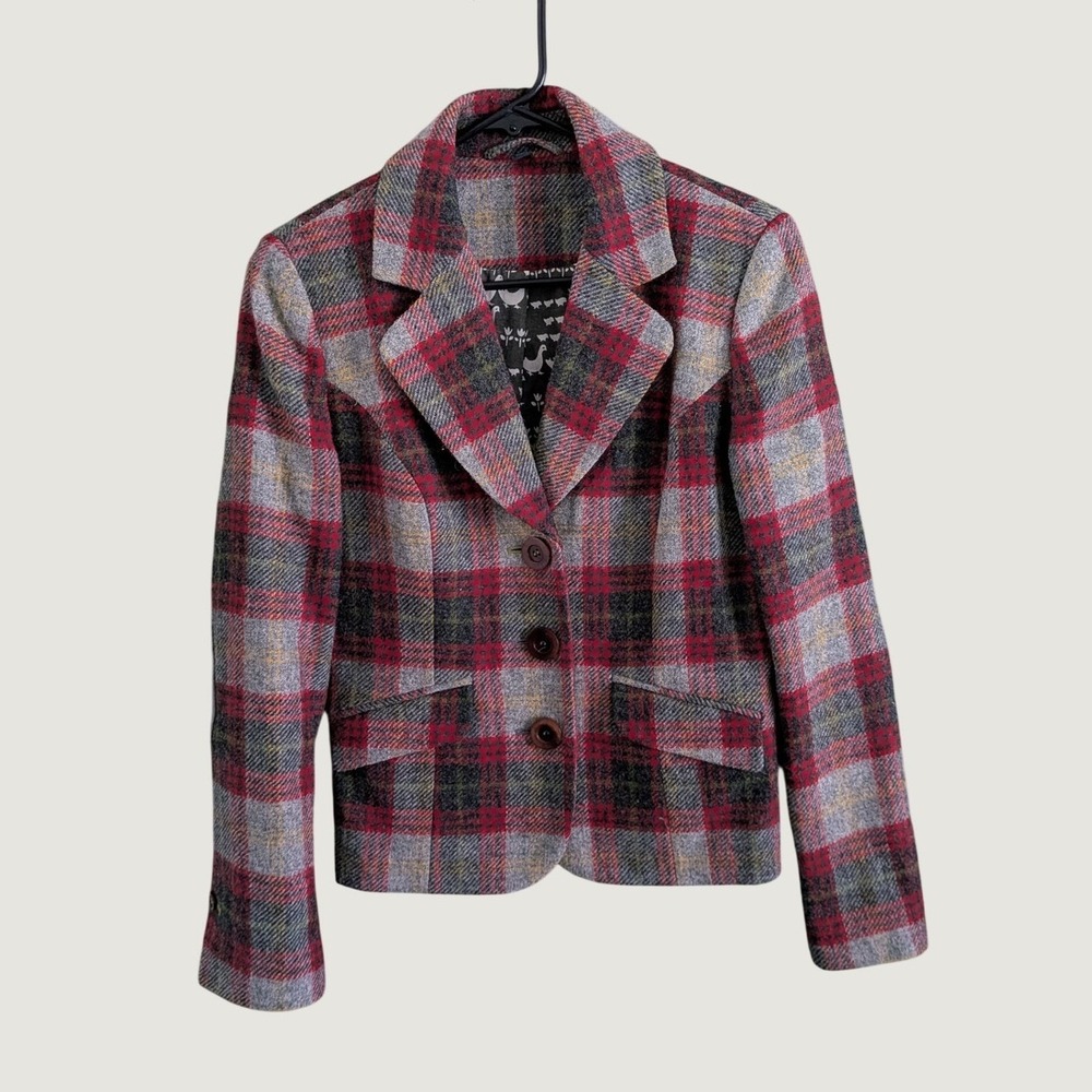 Boden Red Grey Plaid Wool Blazer Jacket Elbow Patches Chicken Print Lined Sz 10